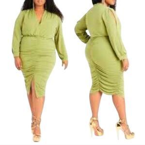 Ashley Stewart Size 14 16 Dress Mini Short Green Deep V Sexy Slit Long Sleeve